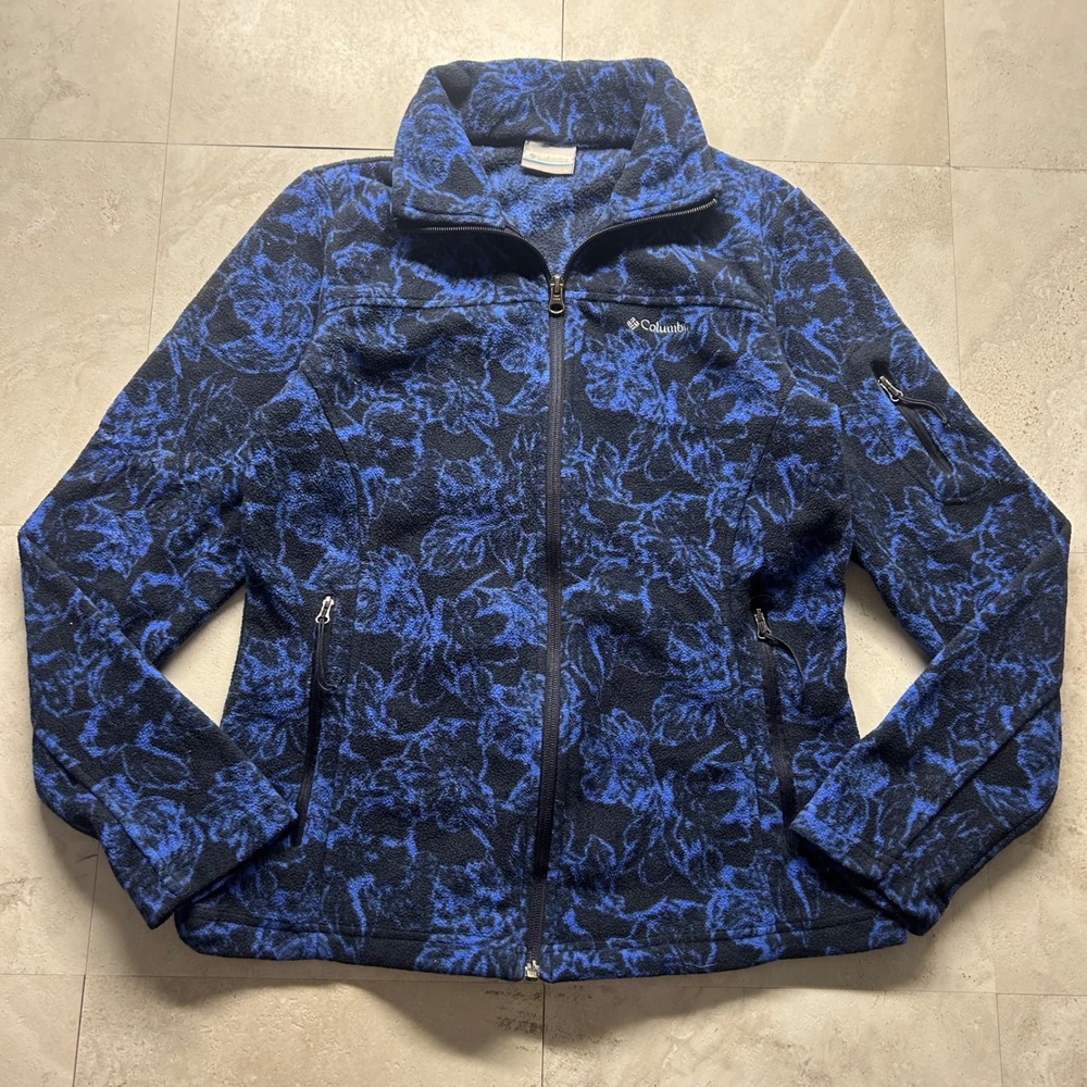 Columbia Fleece Jacket Blue Black Floral Women Size M Full Zip Outdoor Hiking